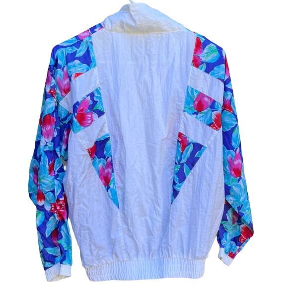 VTG 80s Nylon Track Jacket Women's Medium White Parachute Full Zip Bright Floral - Picture 3 of 5